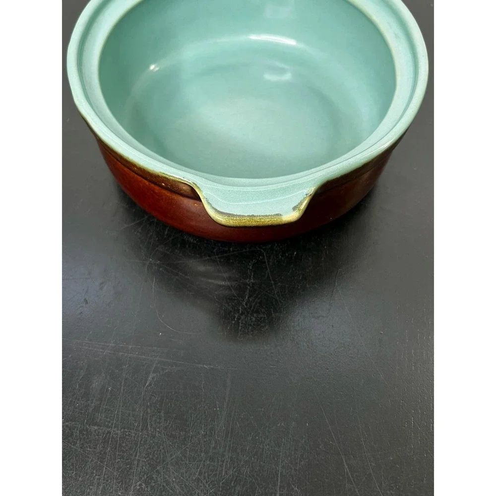 Vintage‎ Ceramic Casserole Dish Brown Turquoise MCM Single Handle 6.5in